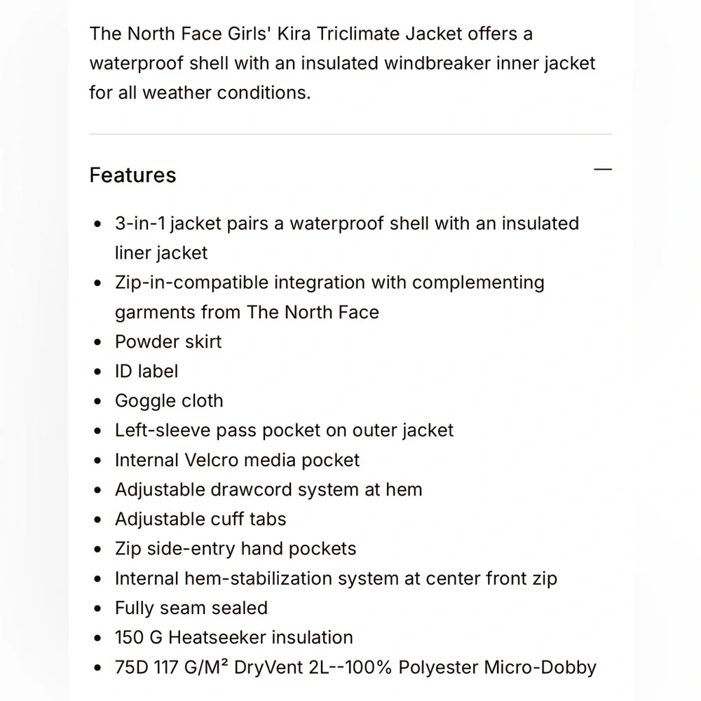 North Face 3-in-1 JACKET Girls L 14-16 KIRA Triclimate